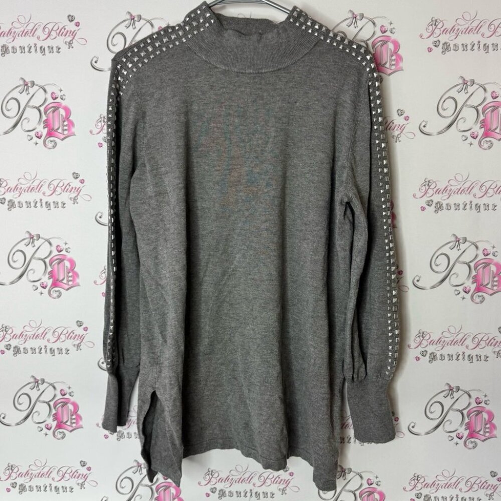 Melanie Lyne sweater studs Gray Studded Women's Top stretchy slits sides